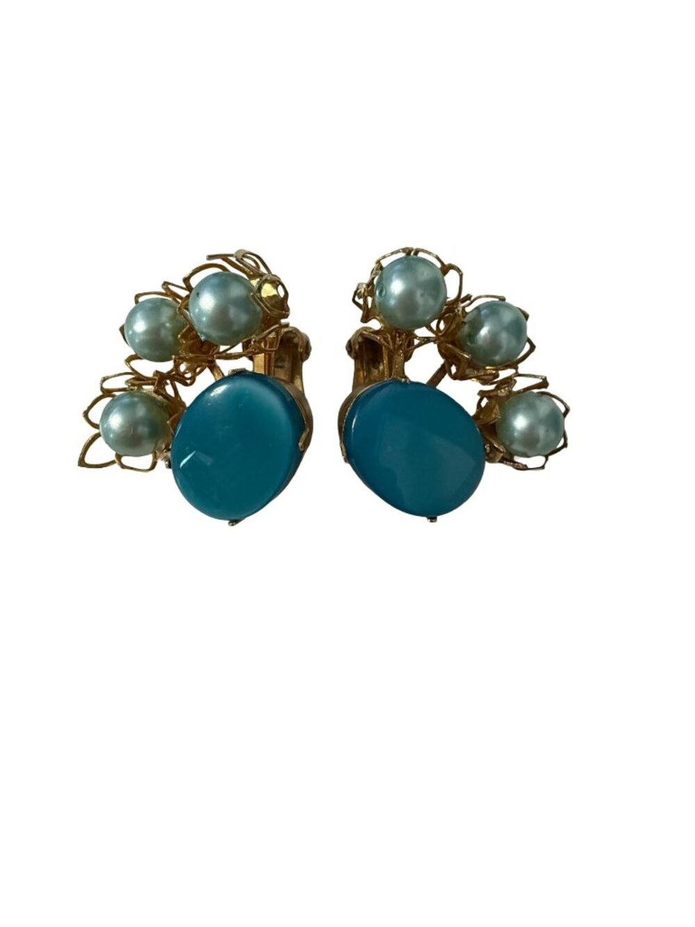 Vintage Blue Cabochon Faux Pearl Cluster Clip On Earrings Gold Tone Mid Century